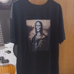 Black T-Shirt with Skeleton Mona Lisa Print